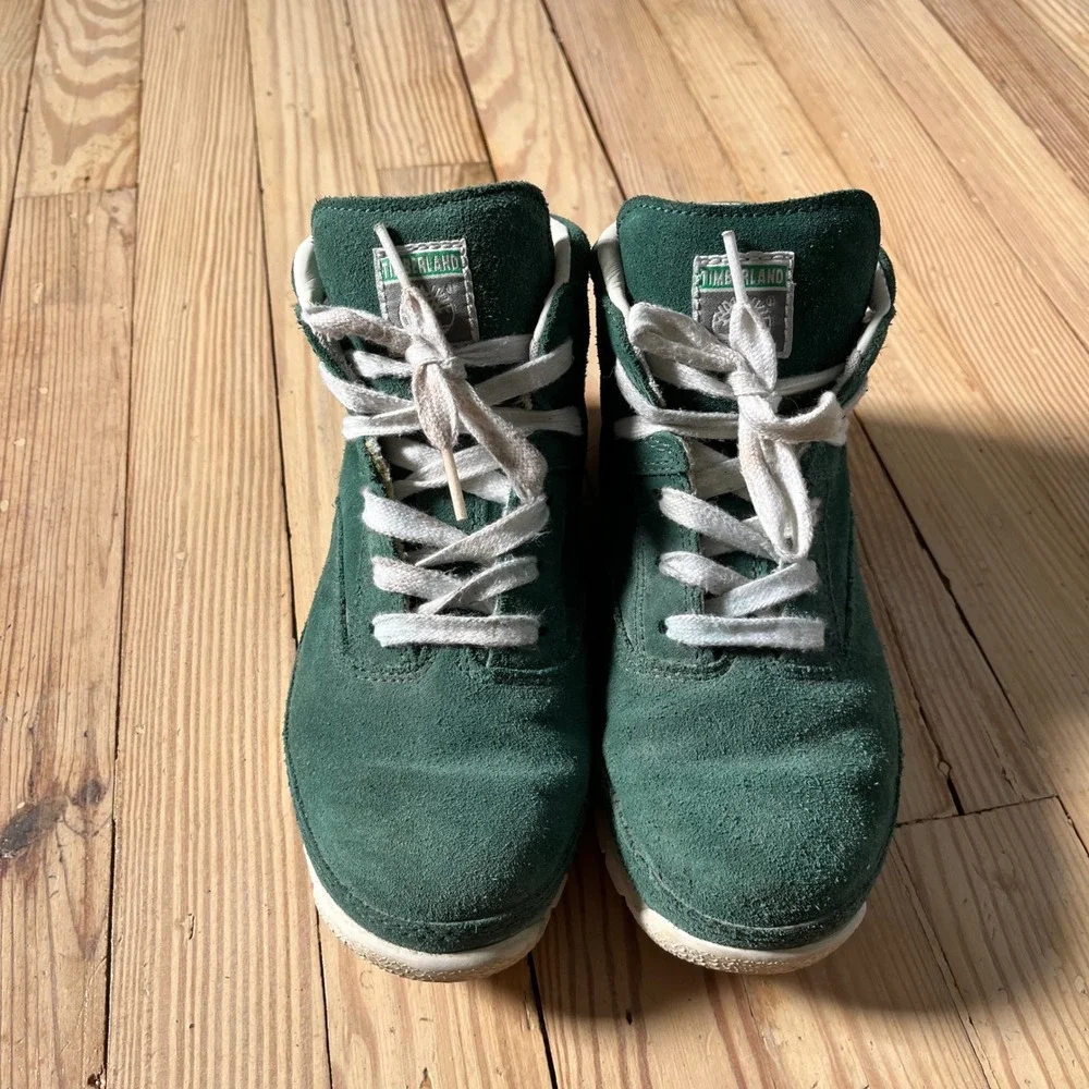 Timberland Suede Mid Top Boots Youth 6 Green Lace Up 30991M Embossed Logo